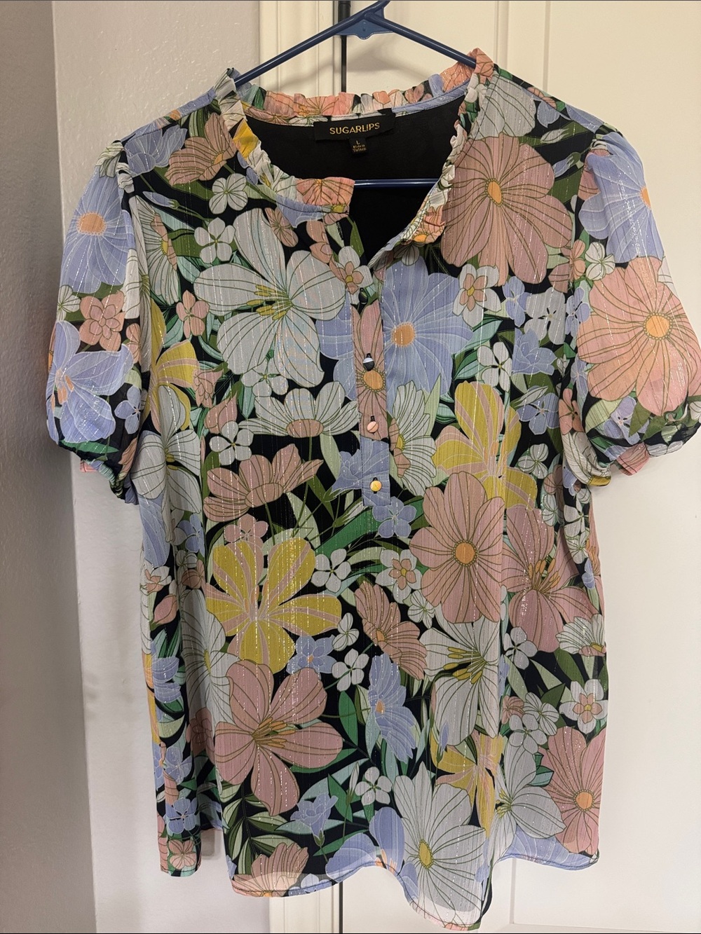 Sugarlips Black Top with Pastel Pink, Blue & Green Floral Print